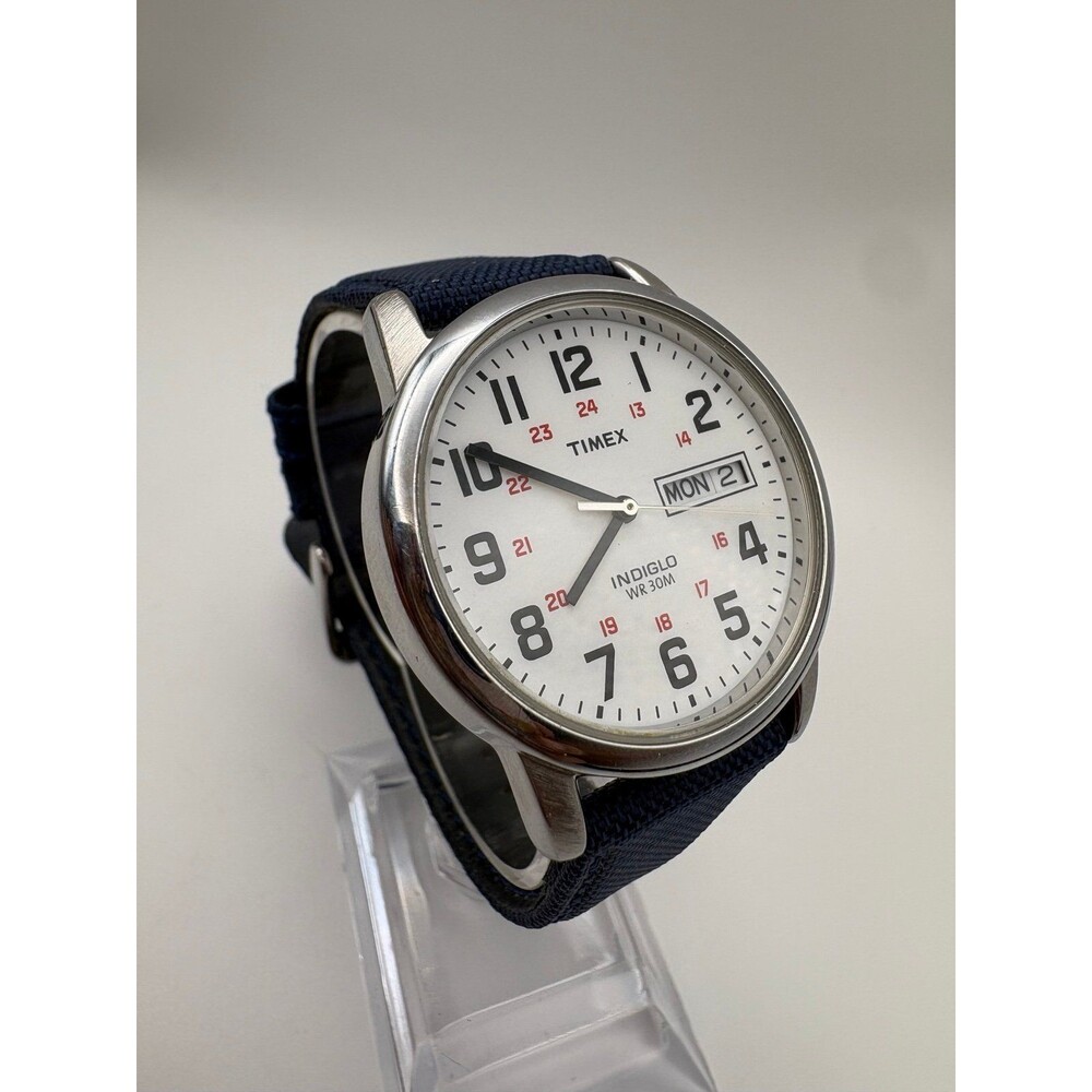 Timex T20461 Indiglo Mens Watch White Dial Day Date BRAND NEW Navy Canvas Strap